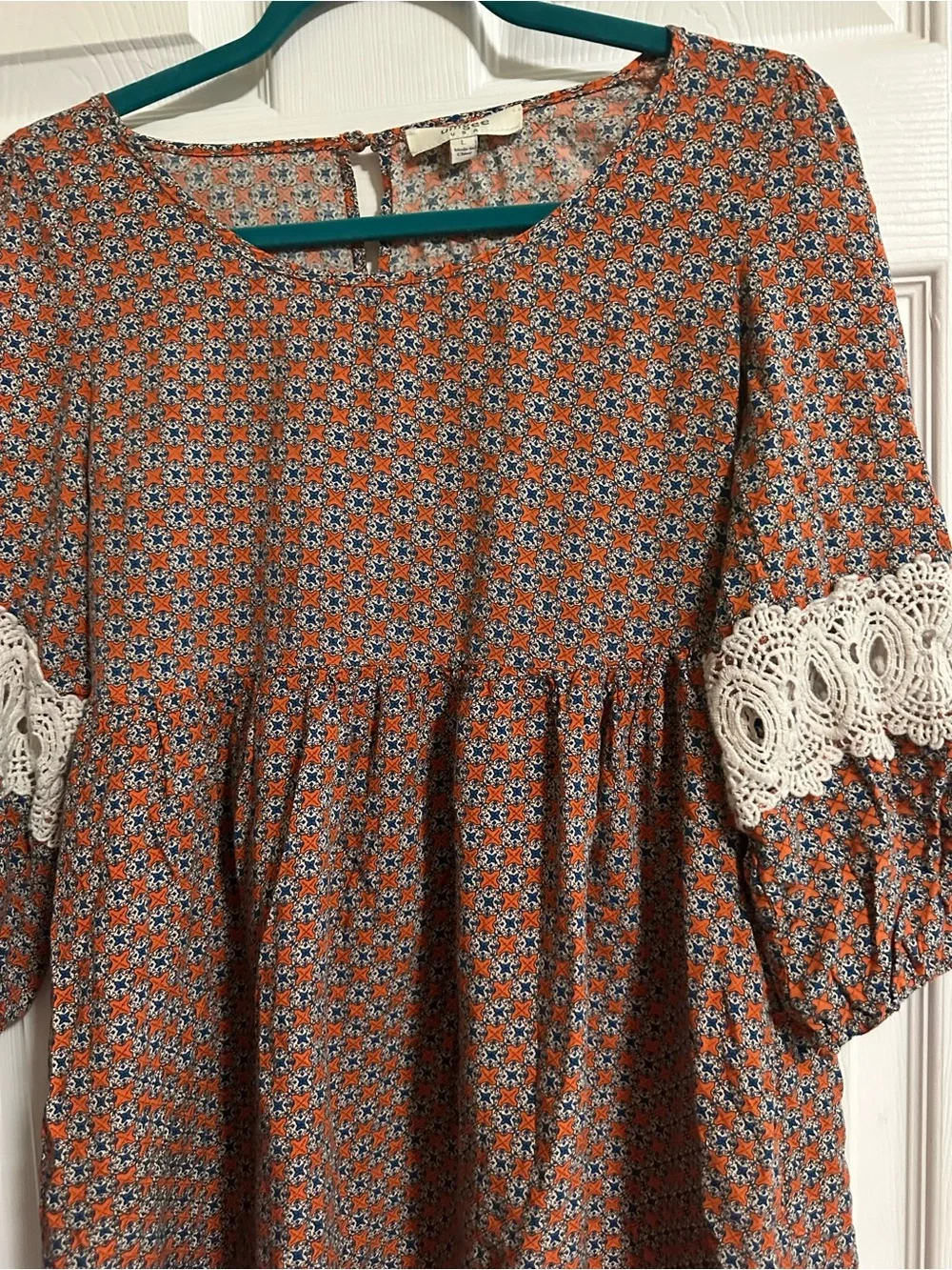 Umgee Boho Peasant Mini A-line Dress Size Large Blue & Orange Geometric - Picture 3 of 8